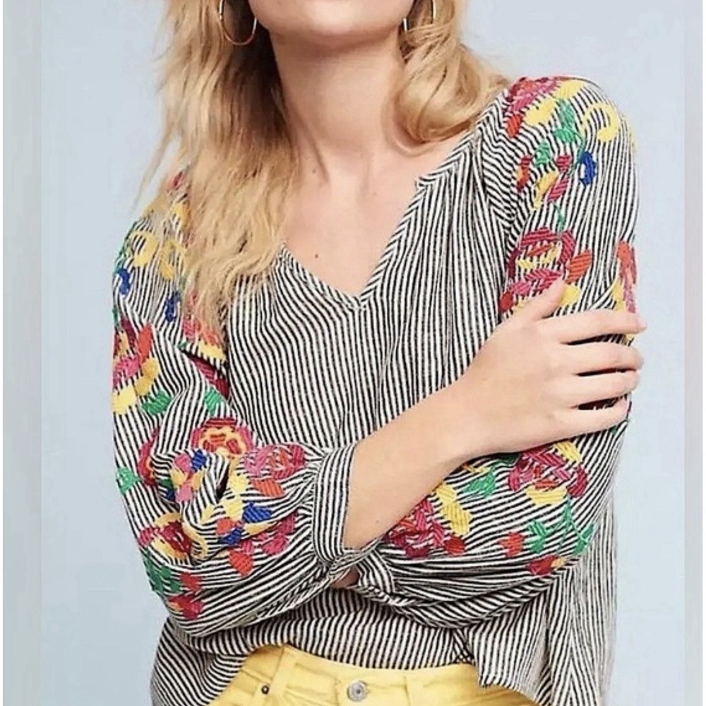Anthropologie Floreat L Soleil Embroidered Blouse Tunic Tassels Boho Festival